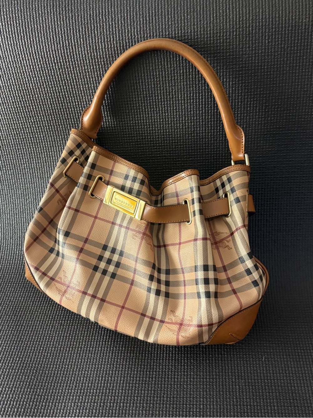 Burberry Tan Beige Check Shoulder Bag with Brown Leather Trim